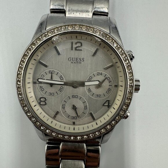 Guess Steel Watch Women Silver Tone Chronograph Crystal Bezel New Battery 7" - Picture 1 of 13